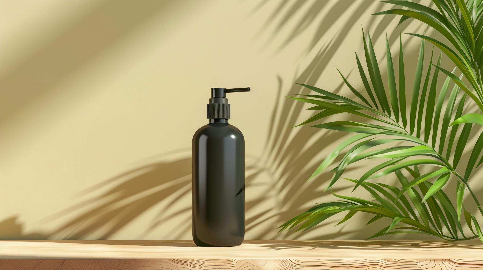 A black pump bottle on a wooden surface with tropical leaves casting shadows.