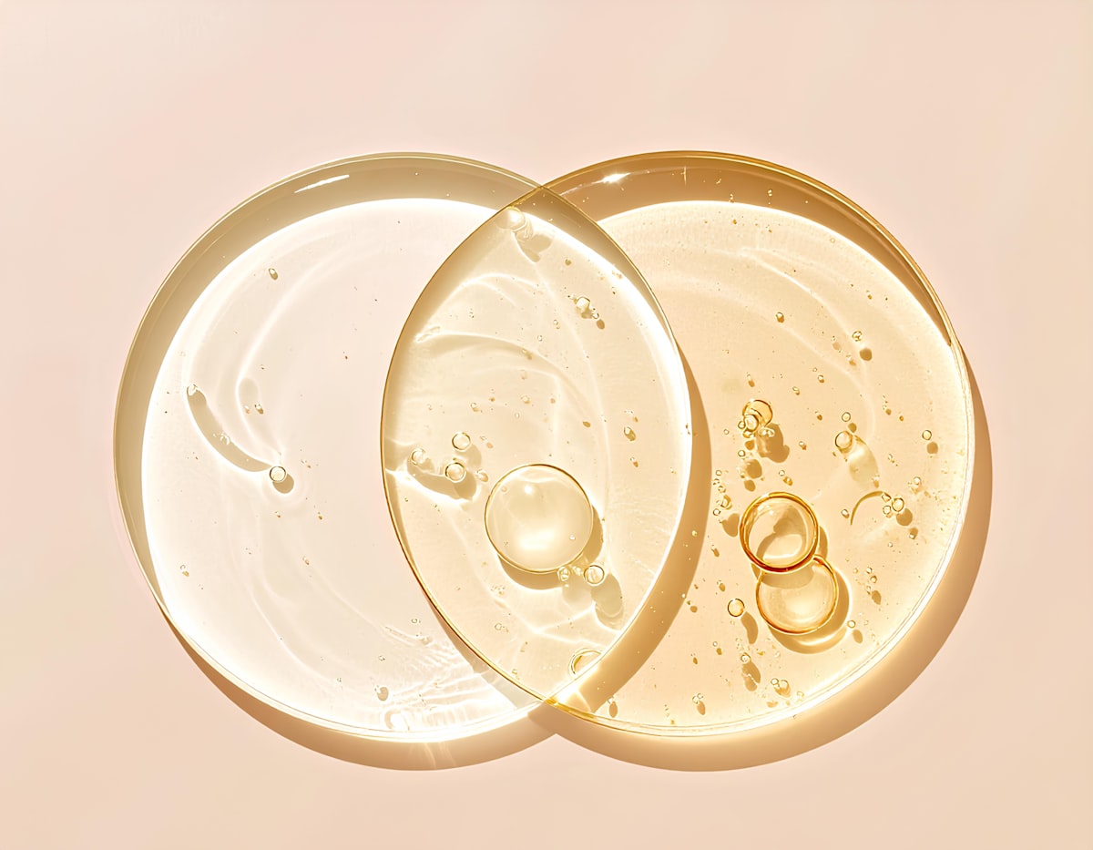 Two viscous liquids overlap on a neutral background.